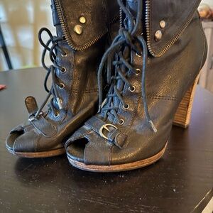 Black Lace-Up Peep Toe Ankle Boots